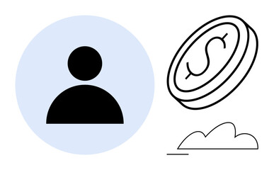 Simple user profile icon paired with a flying dollar coin above a cloud, symbolizing financial opportunities, digital identity, and earnings. Ideal for finance, technology, success, app design