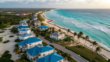Obraz premium Stunning Aerial View of Caribbean Beach Houses Turquoise Ocean Waves