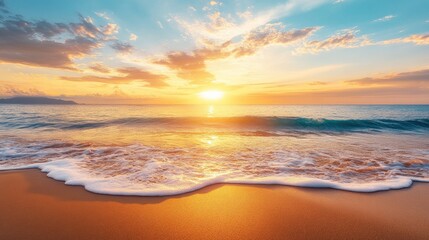 Obraz premium Closeup sea sand beach. Panoramic beach landscape. Inspire tropical beach seascape horizon. Orange and golden sunset sky calmness tranquil relaxing sunlight summer mood. Vacation travel holiday banner