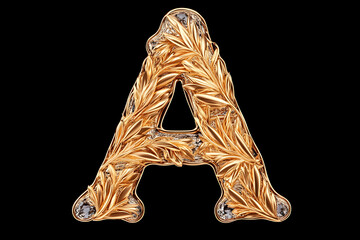 Fototapeta premium Ornate gold letter A, leaf design, black background