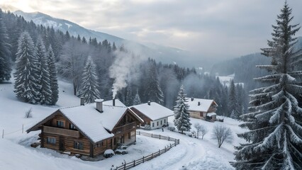 Snowy Alpine Village Cozy Wooden Cabins Winter Wonderland Mountain Scenery