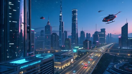 Futuristic Cityscape at Night Flying Vehicles over Modern Skyscrapers and Highway © kumchoo