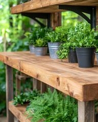 Outdoor wooden potting bench with herbs and plants