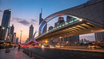 Modern Cityscape at Dusk Featuring a Stunning Arch Bridge and Illuminated Skyscrapers