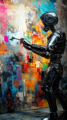 Fototapeta premium Robot Artist: Futuristic robot artist with a sleek metallic exterior meticulously paints a vibrant abstract artwork, blending technology and art in a thought-provoking display.