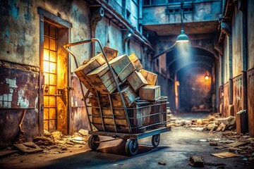 Abandoned Trolley with Stacked Cardboard Boxes - Urban Exploration Photography