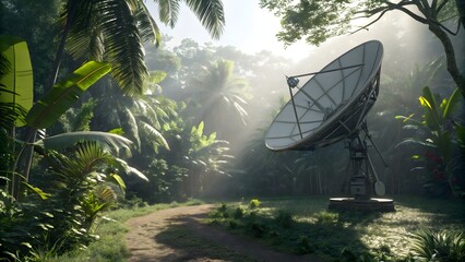 Satellite Dish in Lush Tropical Jungle at Sunrise Remote Communication Technology in Nature