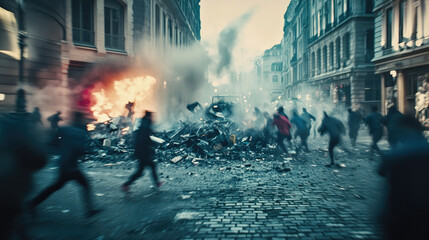 Chaotic urban street scene with blurred figures running amidst smoke and debris, capturing intensity and movement in a dynamic urban environment.