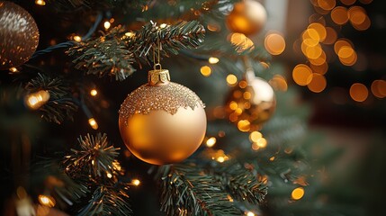 A shimmering gold ornament dangles gracefully from the lush green branches of a beautifully decorated Christmas tree, catching the light and adding a festive sparkle to the scene.