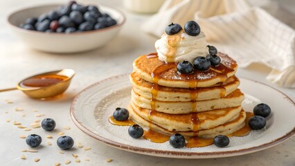 Delicious Buttermilk Pancakes Stack with Blueberries and Whipped Cream