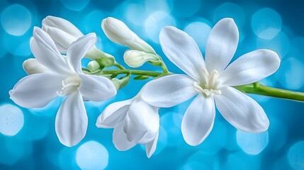 Fototapeta premium Delicate White Lilies Blooming Against a Blurred Blue Background with Bokeh Effect