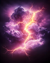 Powerful lightning bolt striking through dark purple storm clouds