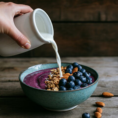 Healthy Breakfast Bowl with Granola, Blueberries, and Almond Milk