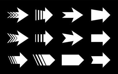 Set of arrows. Halftone signs. Arrow element for your design. Striped direction. Various cursors, pointers for websites, applications, design. Vector illustration