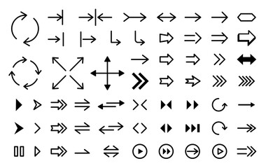Arrows big set icons. Various signs, direction symbols set. Modern simple arrows. Symbols for web design, applications, social networks. Vector illustration of black pointers on transparent background