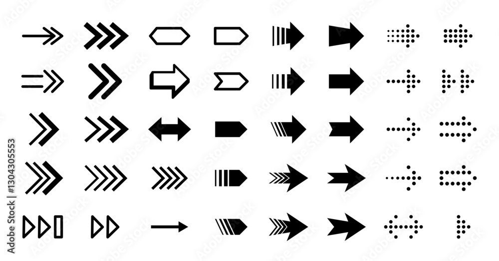 Poster different arrows set. dotted arrow icon. directional pointer with dots. effect of disappearing arrow