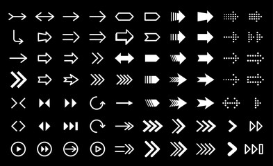 Collection different arrow set. Circular rotation loading elements, redo process. Collection different arrow signs. Modern simple arrows. White arrows, cursors on black background. Vector illustration
