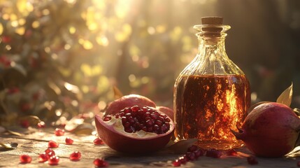 A glass oil bottle, its amber liquid reflecting the golden sunlight, cradled within its embrace a handful of pomegranate halves, their vibrant crimson seeds scattered like scattered jewels.