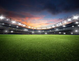 Empty evening grand soccer arena. 3D rendering.