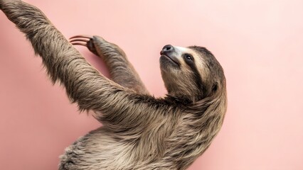 Adorable Three Toed Sloth Hanging on Pink Background Wildlife Photography © kumchoo