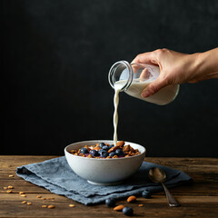 Healthy Breakfast Bowl with Granola, Blueberries, and Almond Milk