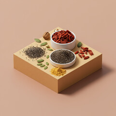 Superfoods Assortment with Chia Seeds, Goji Berries, and Maca Powder on soft Background