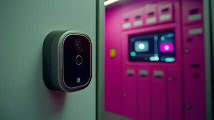 Obraz premium Modern Smart Security Camera Mounted on Wall in a Vibrant Pink Interior Space with Digital Display