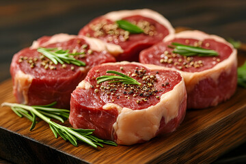 Raw beef steaks seasoned on wooden board
