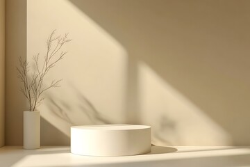 Minimalist Beige Background with Cylinder Podium and Dried Plant