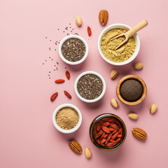 Superfoods Assortment with Chia Seeds, Goji Berries, and Maca Powder on soft Background