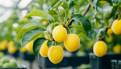 Ripe yellow plums growing on branch in greenhouse