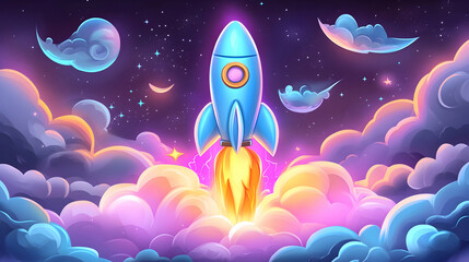 Obraz premium Rocket launching through vibrant night sky clouds