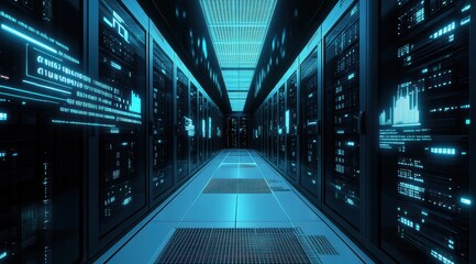 Data center operations high-tech facility digital infrastructure futuristic environment wide-angle view cybersecurity concept