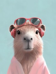 Portrait of a capybara with headphones, symmetry, sunglasses, vibing, illustration, aesthetics
