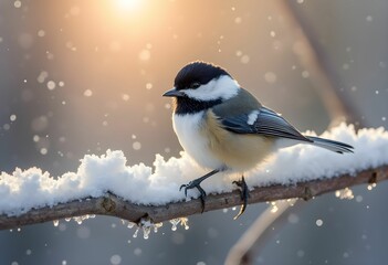 Winter Chickadee on Snowy Branch in Sunlight