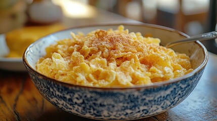 A bowl of crispy golden cornflakes, their crunchy edges hinting at the joy of a simple breakfast, awaited a spoon.