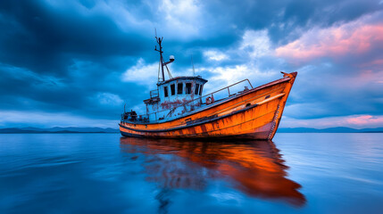 Fototapeta premium Rusty Fishing Boat at Sunset, Calm Sea, Dramatic Sky