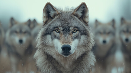 Obraz premium Gray wolf with intense gaze looking directly at camera with pack blurred in background, representing wildlife conservation and predator behavior