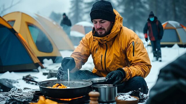 At a snowy basecamp, a cheerful man prepares a hearty breakfast over a portable stove. The warm steam rises into the cold mountain air, promising an exciting day of skiing ahead.