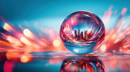 A vibrant crystal ball reflecting a city skyline, creating an artistic juxtaposition of reality and fantasy, highlighting urban beauty through a creative lens.