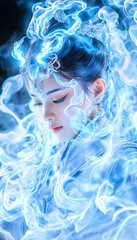 Serene woman engulfed in ethereal blue flames