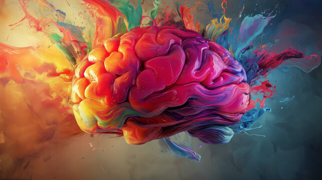 A vibrant and surreal depiction of a human brain made of swirling paint textures, exploding with color and artistic energy.  