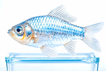 Obraz premium Silver fish swimming in glass tank, white background