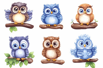Fototapeta premium Six Cute Cartoon Owls Perched on Branches