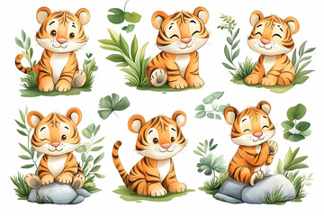 Six Cute Tiger Cubs Posing in Lush Foliage