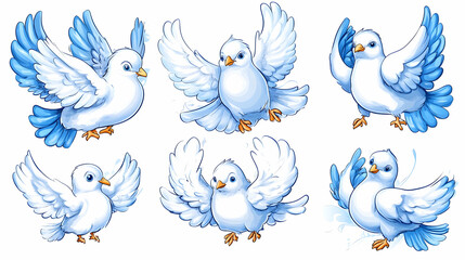 Six White Doves in Flight & Poses, Cartoon Illustration
