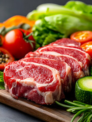Sliced Beef Steak with Fresh Vegetables on Wooden Board