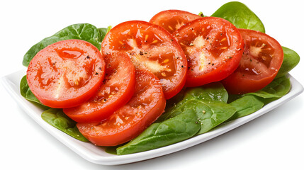 Sliced tomatoes and spinach salad on white plate