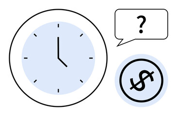 Clock showing time, speech bubble with question mark, and crossed-out dollar sign. Ideal for finance, time management, decision-making, productivity, deadlines budget and cost analysis. Flat simple