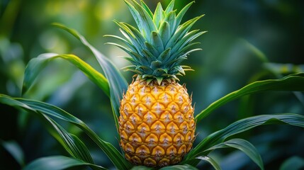 Fototapeta premium A golden halo encircles a plump pineapple, its vibrant green leaves, like emerald jewels, radiating outwards, showcasing nature is artistry.